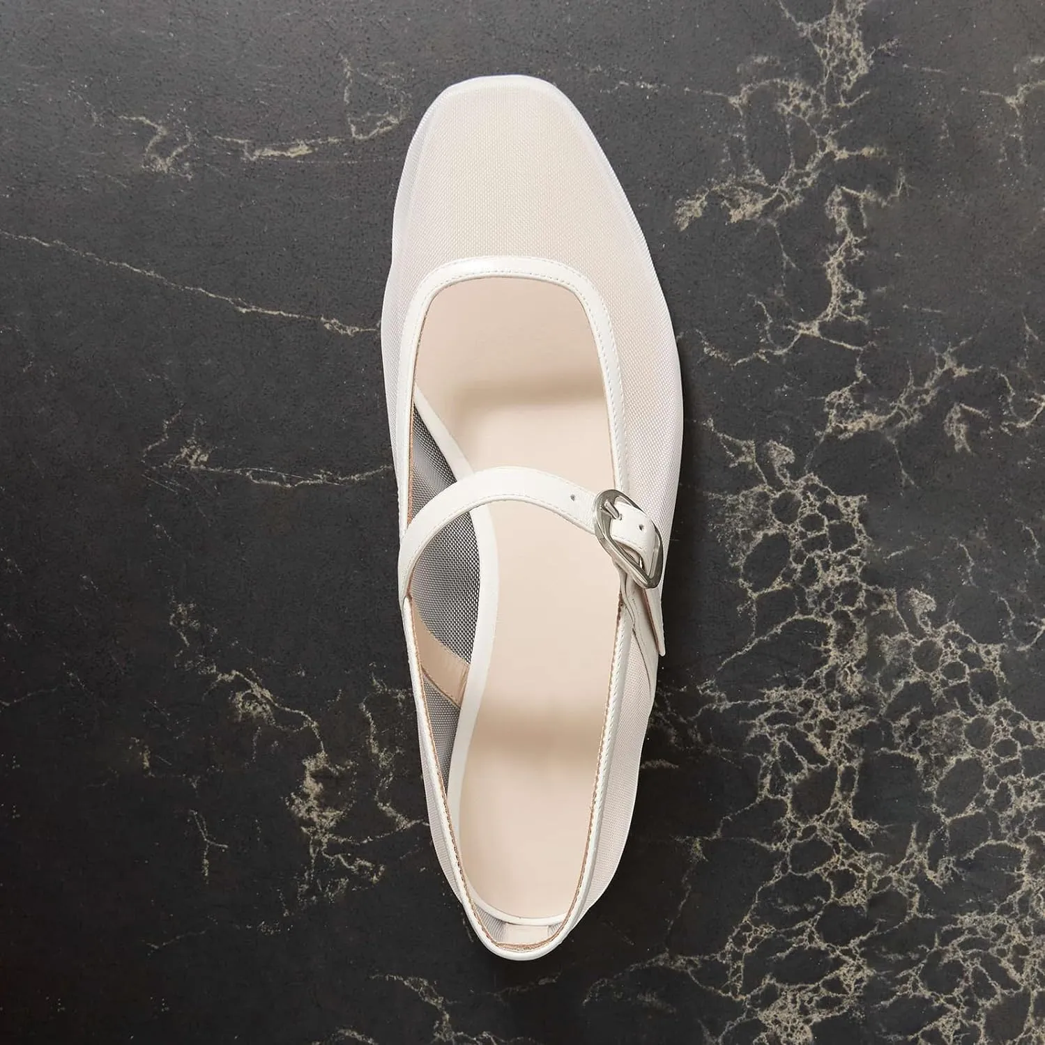 Tulle Mesh Ballet Flats for Women Slingback Square Toe Buckle Strap Slip On Fishnet Ballerina Shoes Casual Comfortable Dress Mary Jane Flat Sandals Leather