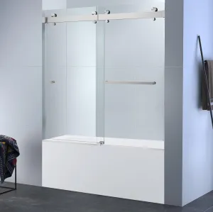 Twinglide VITRA-200 Frameless Bathtub Shower Door 56.5-60" Wide x 66" High 3/8" (10mm) Clear Tempered Glass (Brushed)