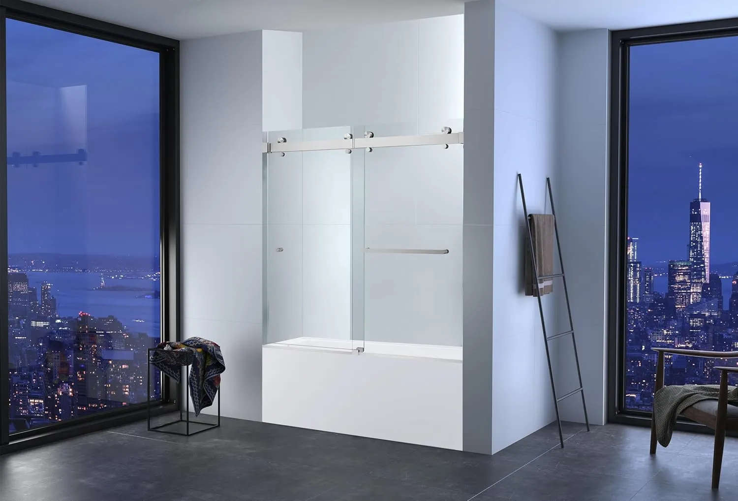 Twinglide VITRA-200 Frameless Bathtub Shower Door 56.5-60" Wide x 66" High 3/8" (10mm) Clear Tempered Glass (Brushed)