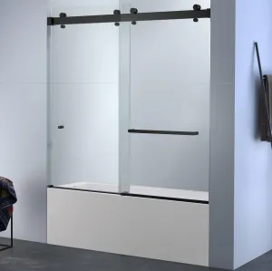 Twinglide VITRA-200 Frameless Bathtub Shower Door 56.5-60" Wide x 66" High 3/8" (10mm) Clear Tempered Glass (Matte Black)