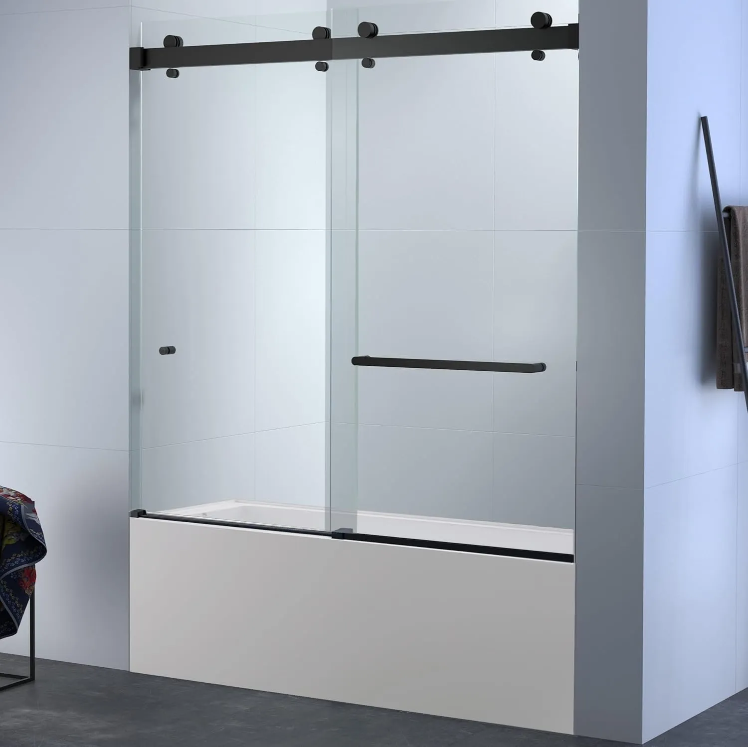 Twinglide VITRA-200 Frameless Bathtub Shower Door 56.5-60" Wide x 66" High 3/8" (10mm) Clear Tempered Glass (Matte Black)