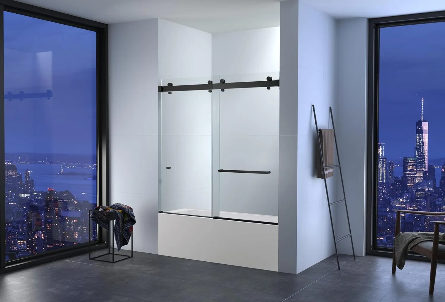 Twinglide VITRA-200 Frameless Bathtub Shower Door 56.5-60" Wide x 66" High 3/8" (10mm) Clear Tempered Glass (Matte Black)