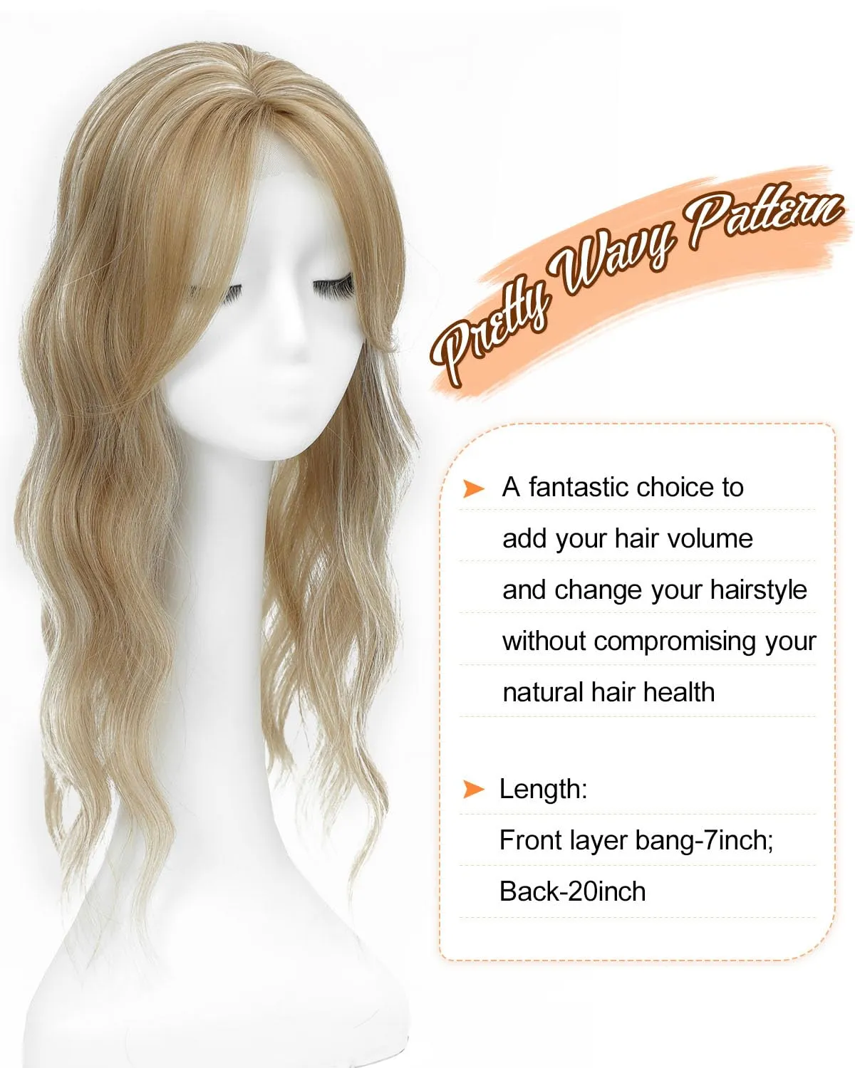 UDU 20" Wavy Ombre Highlight Synthetic Hair Topper for Women with Thinning Hair with Fringe Bang Adds Volume Change Hairstyle