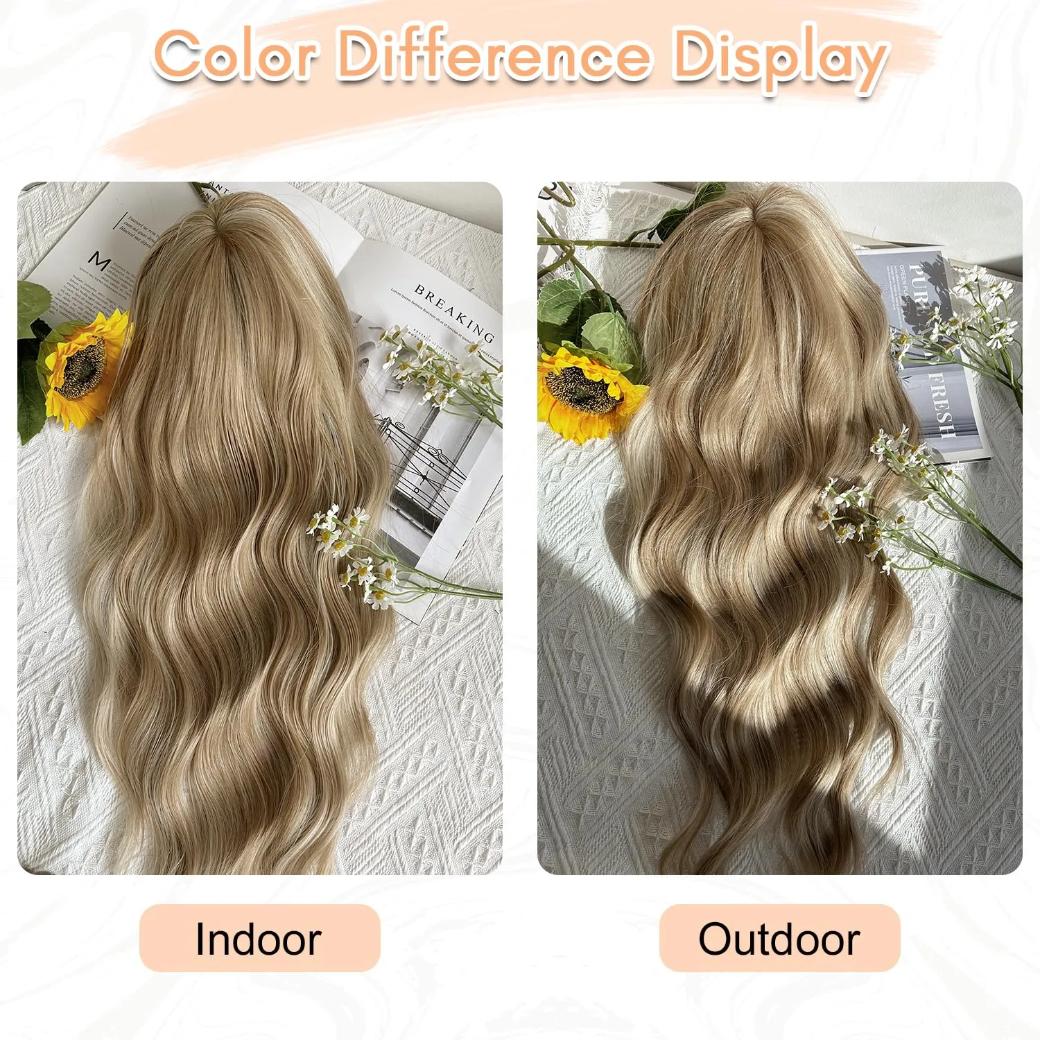UDU 20" Wavy Ombre Highlight Synthetic Hair Topper for Women with Thinning Hair with Fringe Bang Adds Volume Change Hairstyle