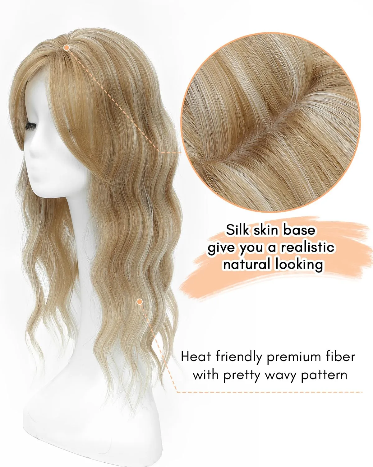 UDU 20" Wavy Ombre Highlight Synthetic Hair Topper for Women with Thinning Hair with Fringe Bang Adds Volume Change Hairstyle