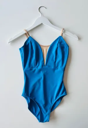 V Mesh Camisole Leotard - Bright Blue With Nude Straps