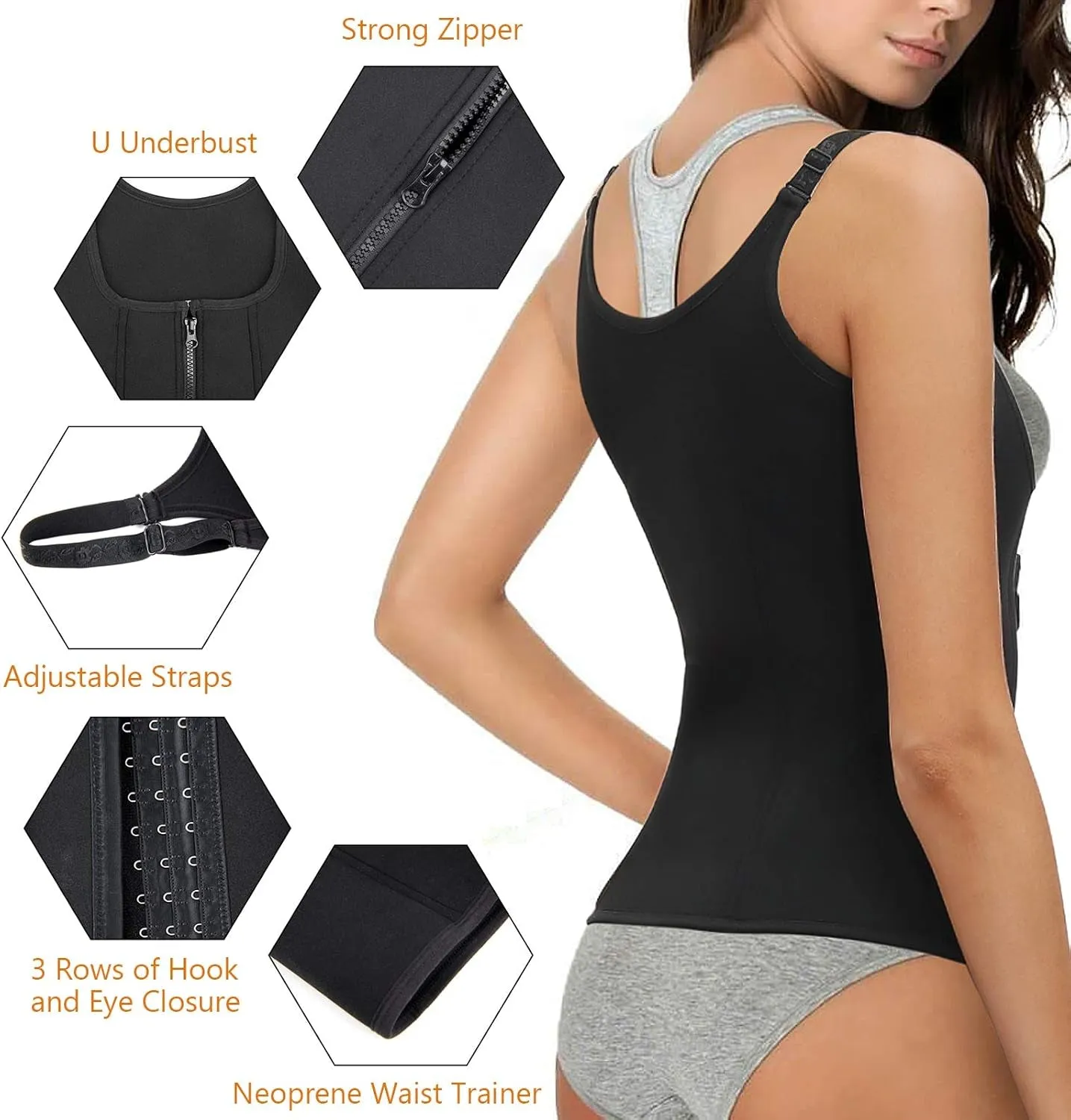 Waist Trainer Women Cincher Corset - Vest Trimmer Body Shaper - Shapewear Sports Girdle Sweat Belt Tank Top with Strap Zipper