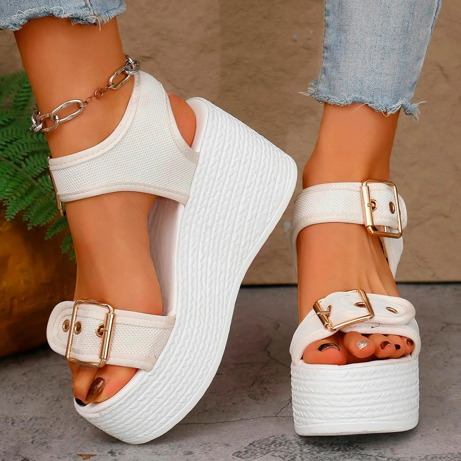 Waterproof Platform Sandals For Women 2025 Party Casual Wedges Sandal Double Buckle Strap Open Toe Chunky High Heel Shoes