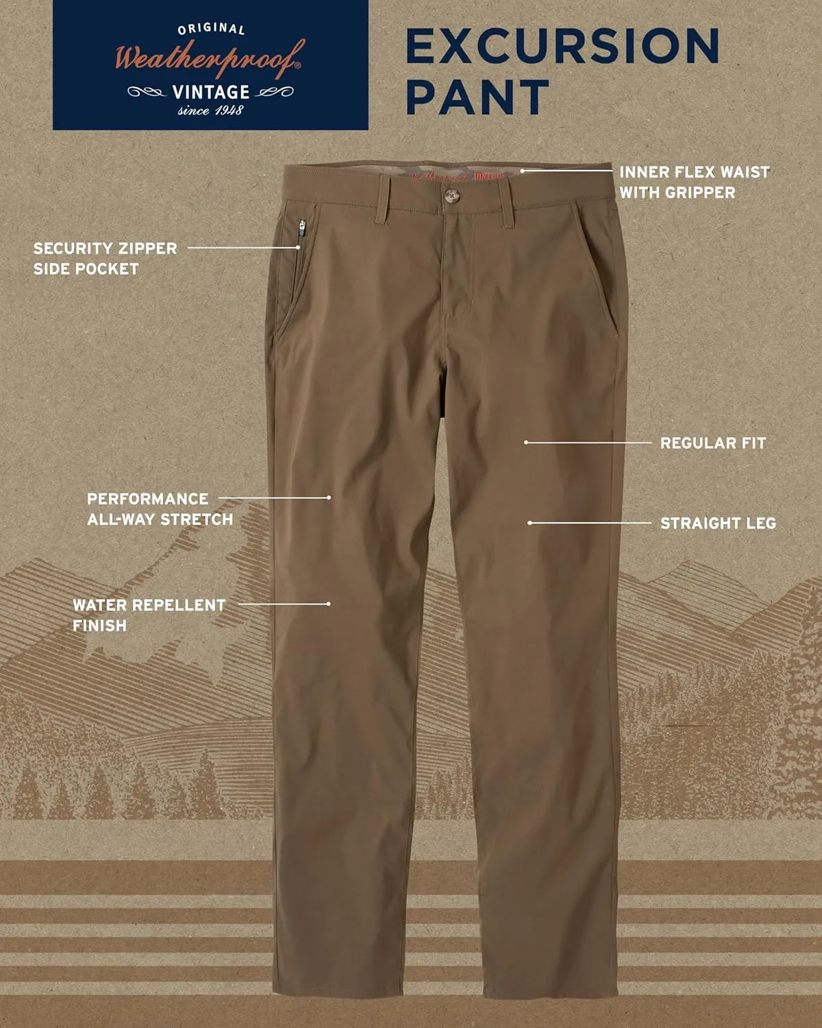 Weatherproof Vintage Men's Regular Fit Excursion Pants - Ultra Stretch Casual Flat Front Chino