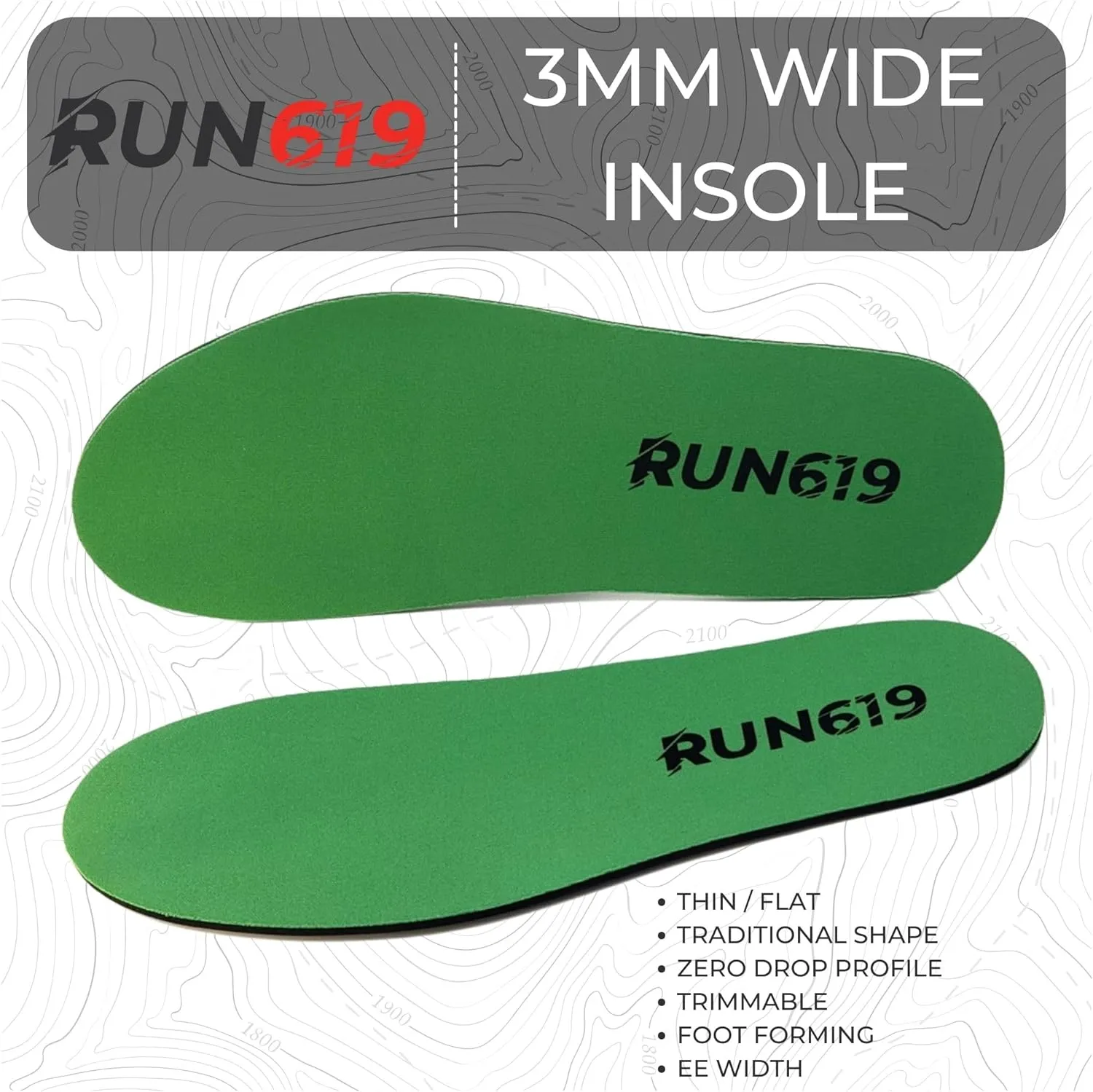 Wide Run 619 Shoe Insoles - Zero Drop Profile, Traditional Shape, Foot Forming, Wide Width - Thin, Firm, Flat Shoe Inserts - Men's 11-12
