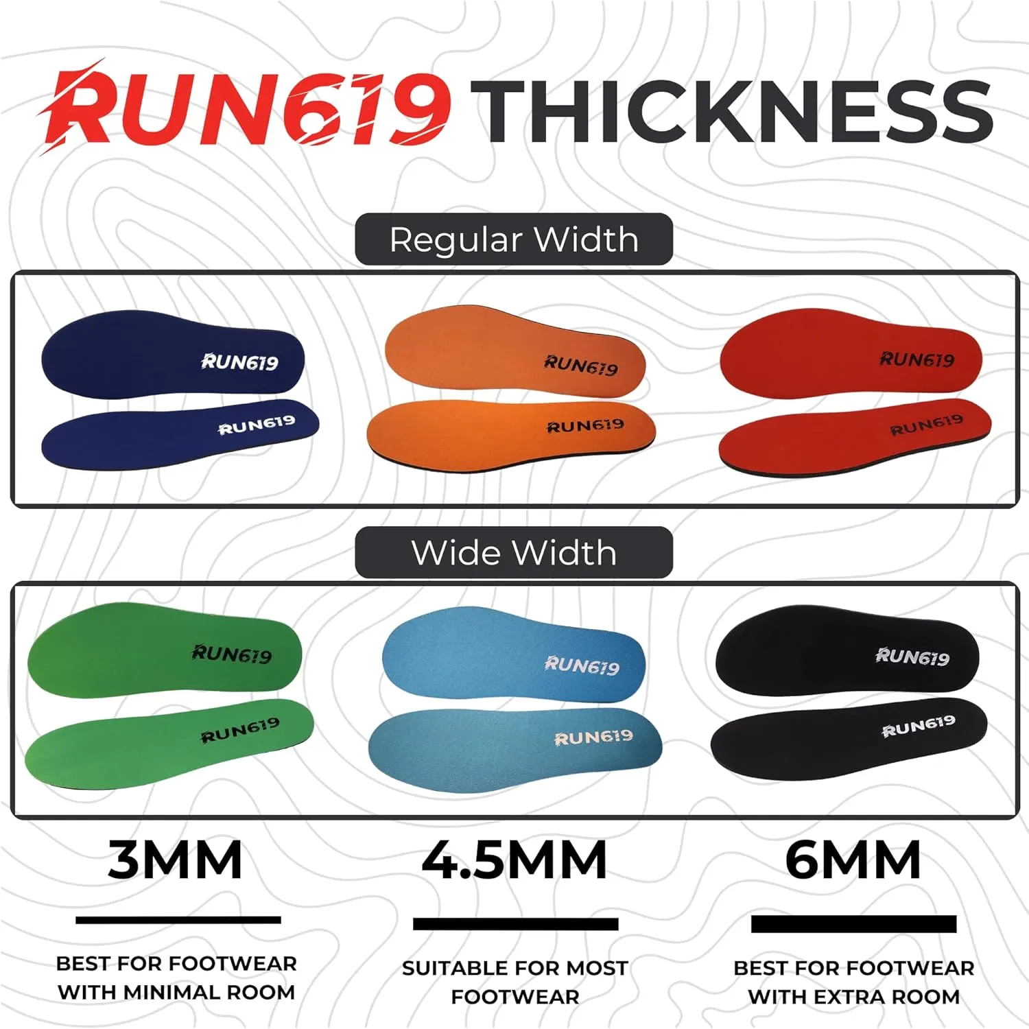 Wide Run 619 Shoe Insoles - Zero Drop Profile, Traditional Shape, Foot Forming, Wide Width - Thin, Firm, Flat Shoe Inserts - Men's 11-12