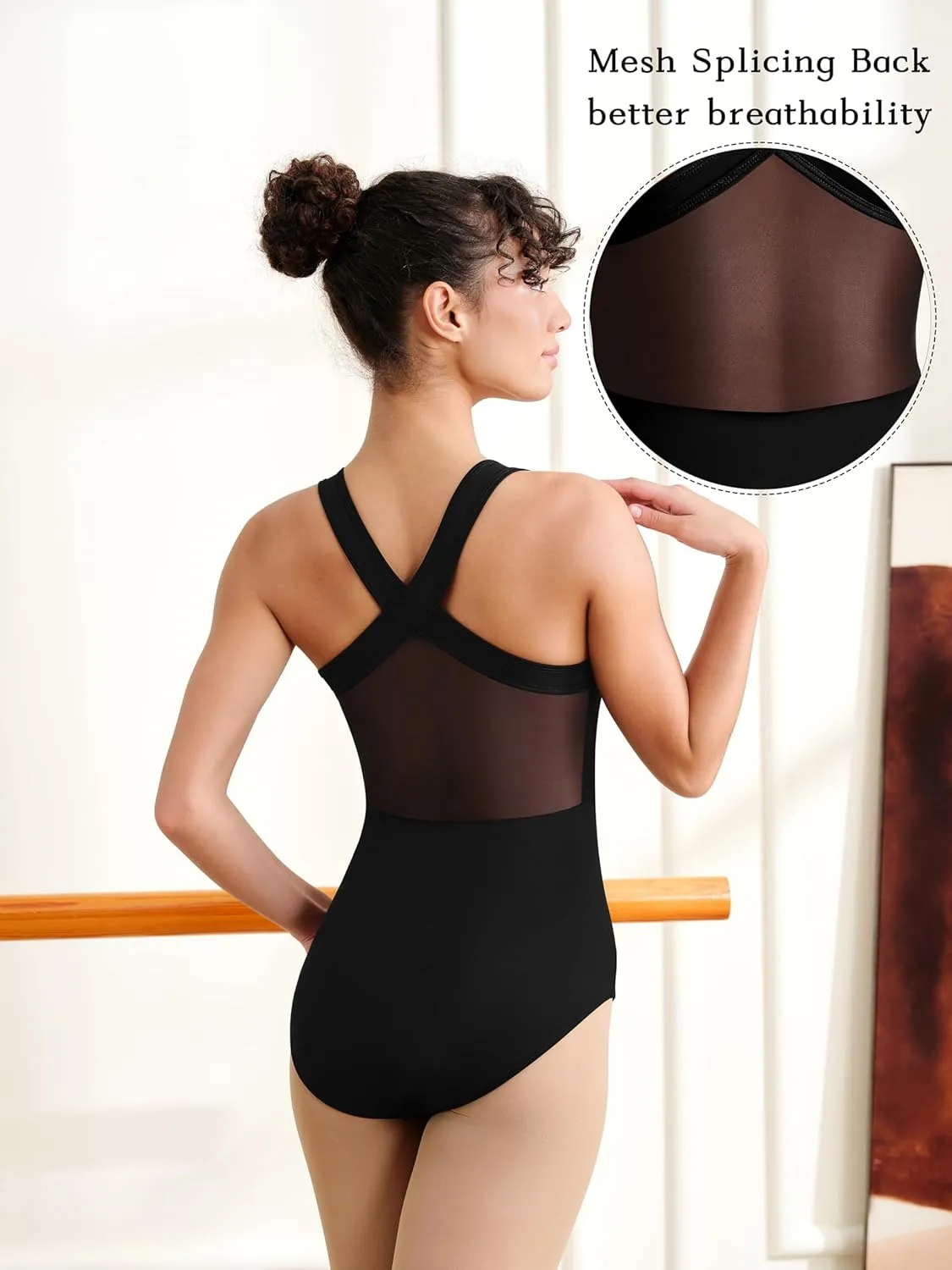 Women Dance Leotard Adult Ballet Tank, Gymnastic Dancewear with Crisscross Straps, Mesh Splicing Back