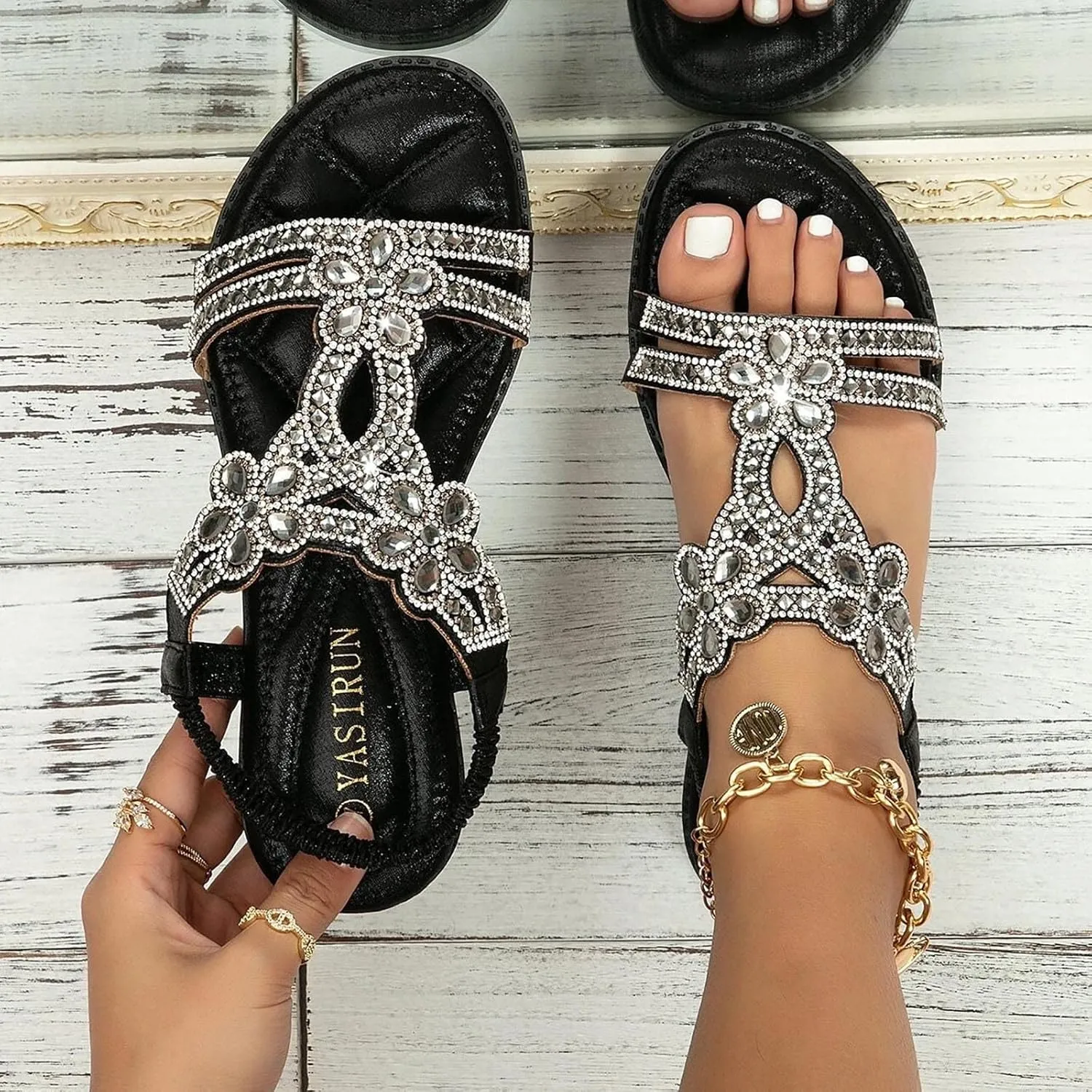 Women Flats Sandals Bohemian Rhinestone Summer Dressy Flats Fashion Open Toe Sandal with Ankle Elastic Strap