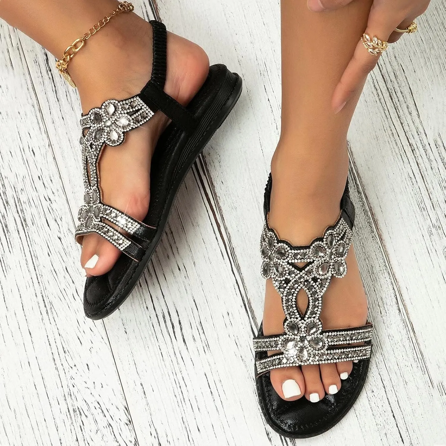 Women Flats Sandals Bohemian Rhinestone Summer Dressy Flats Fashion Open Toe Sandal with Ankle Elastic Strap