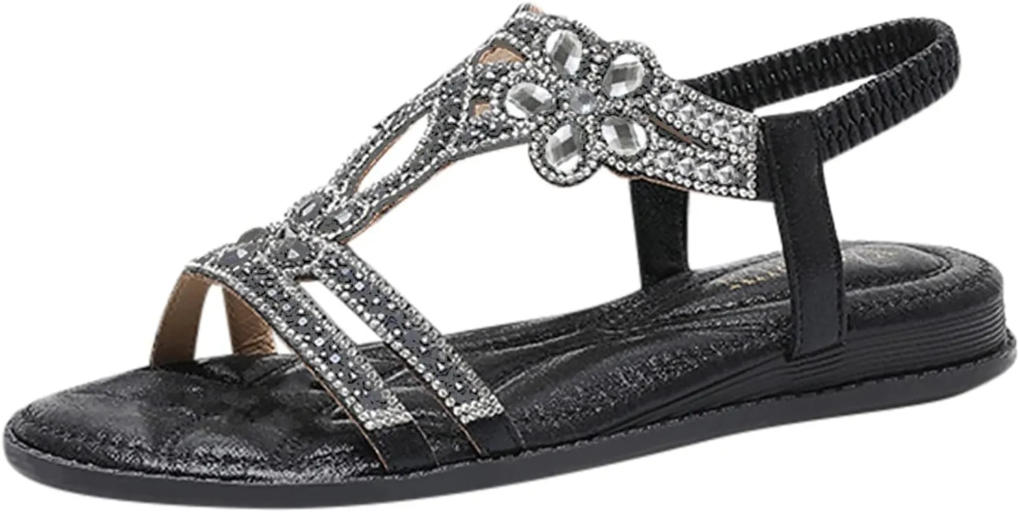 Women Flats Sandals Bohemian Rhinestone Summer Dressy Flats Fashion Open Toe Sandal with Ankle Elastic Strap