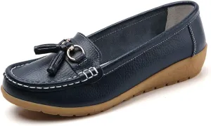Women Loafers Leather Rubber Sole Slip On Walking Flats Casual Moccasin Boat Shoes