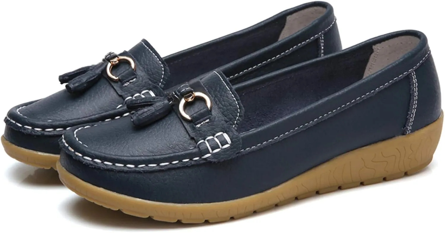 Women Loafers Leather Rubber Sole Slip On Walking Flats Casual Moccasin Boat Shoes