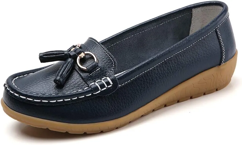 Women Loafers Leather Rubber Sole Slip On Walking Flats Casual Moccasin Boat Shoes