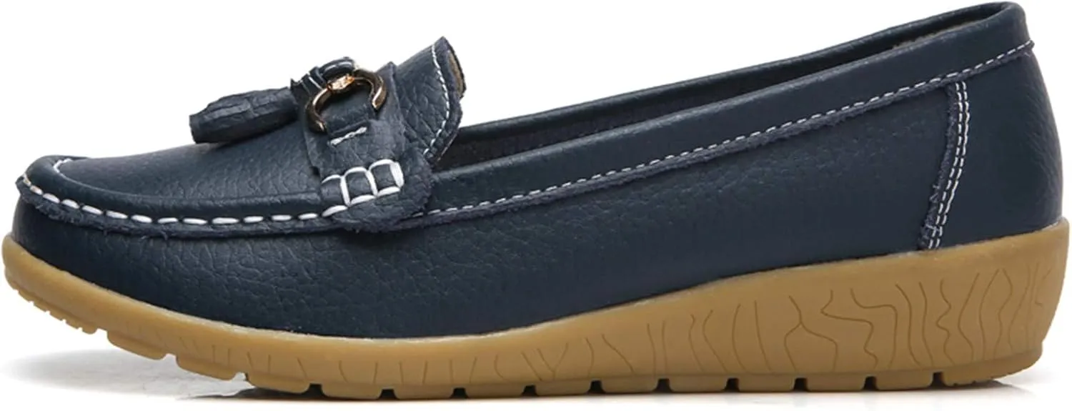 Women Loafers Leather Rubber Sole Slip On Walking Flats Casual Moccasin Boat Shoes