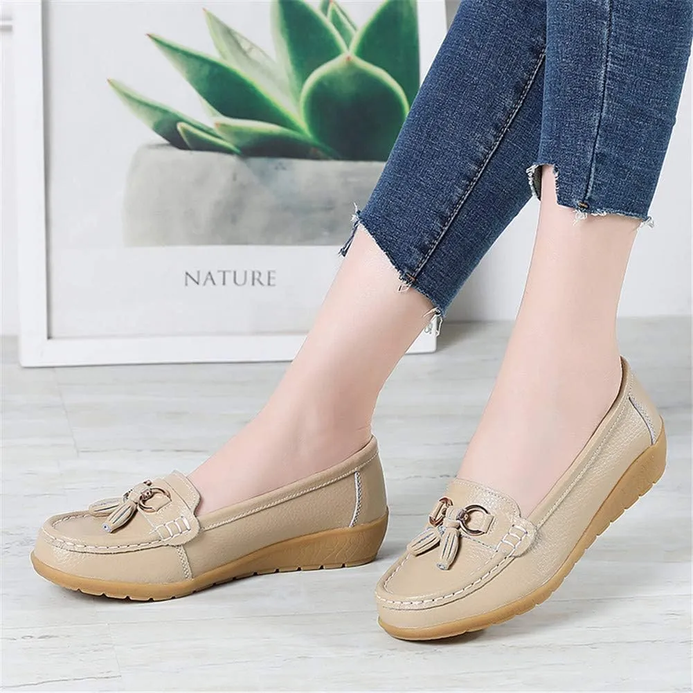 Women Loafers Leather Rubber Sole Slip On Walking Flats Casual Moccasin Boat Shoes