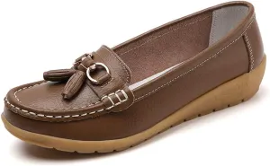Women Loafers Leather Rubber Sole Slip On Walking Flats Casual Moccasin Boat Shoes
