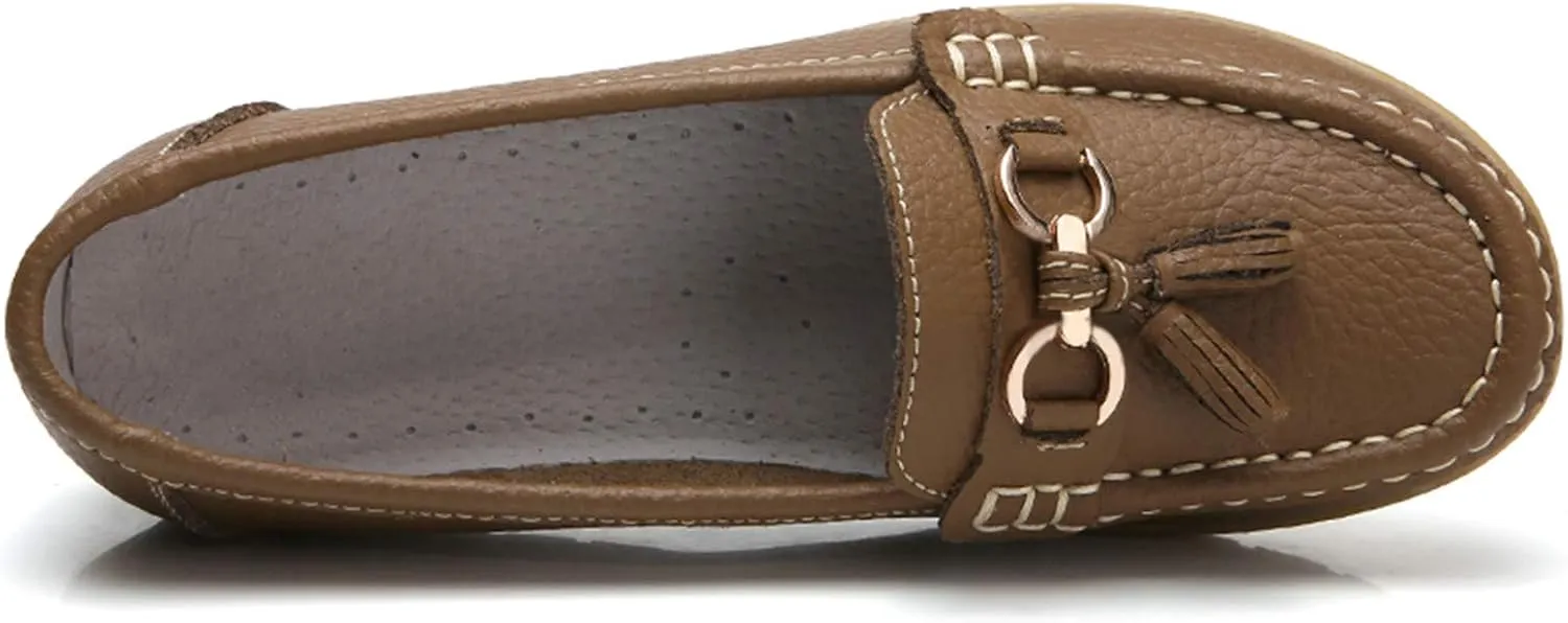 Women Loafers Leather Rubber Sole Slip On Walking Flats Casual Moccasin Boat Shoes