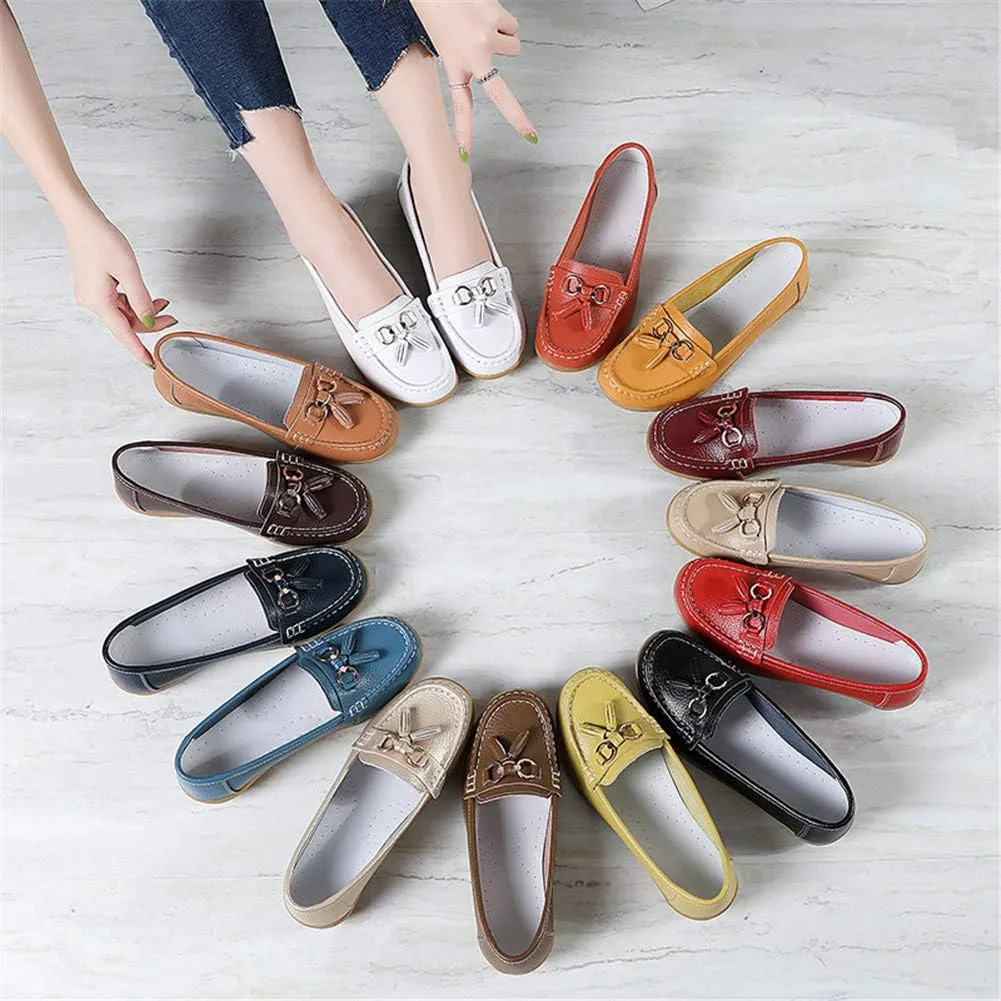 Women Loafers Leather Rubber Sole Slip On Walking Flats Casual Moccasin Boat Shoes