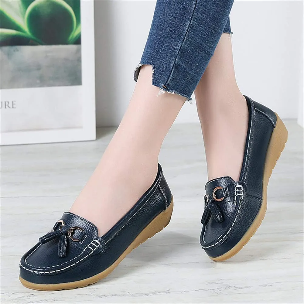 Women Loafers Leather Rubber Sole Slip On Walking Flats Casual Moccasin Boat Shoes