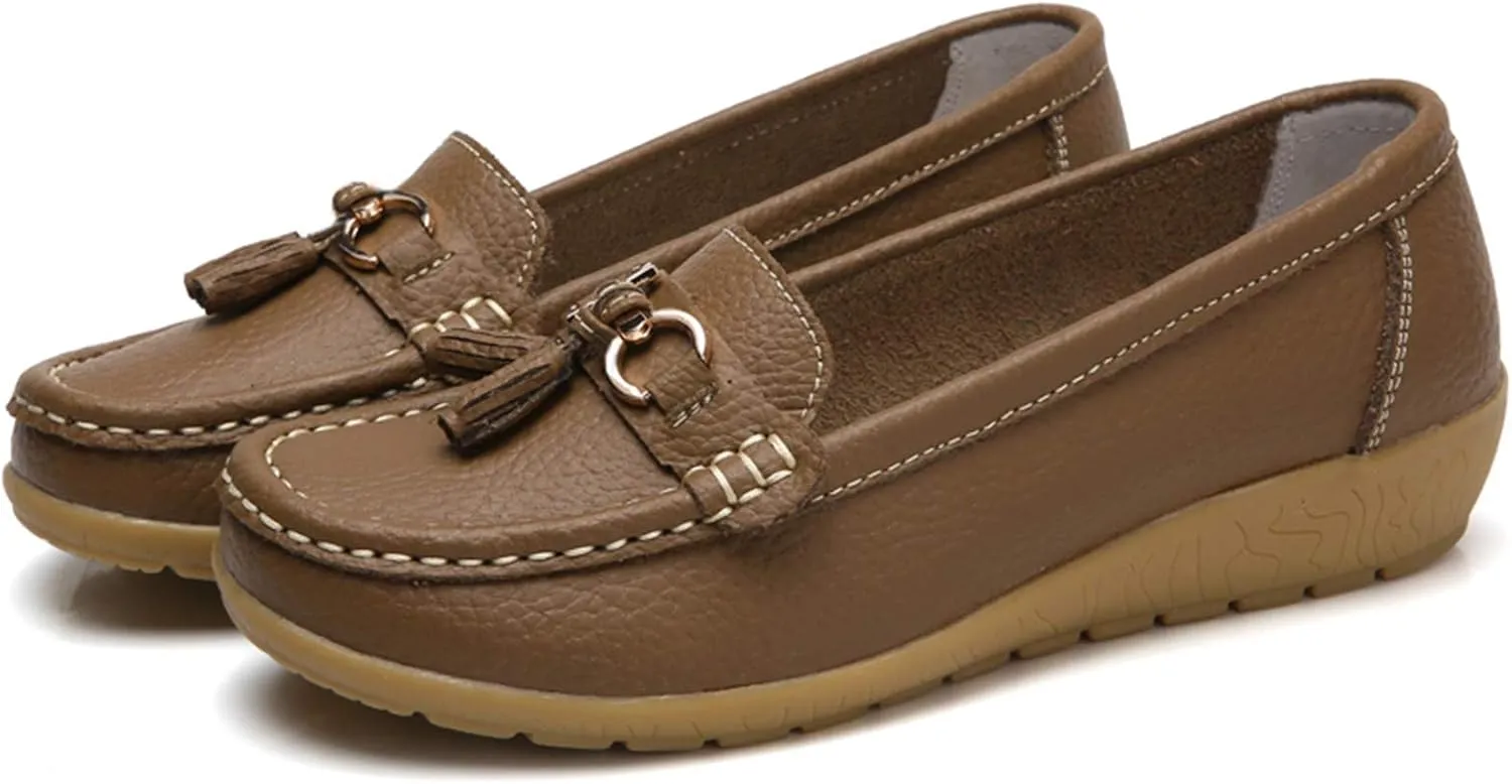 Women Loafers Leather Rubber Sole Slip On Walking Flats Casual Moccasin Boat Shoes