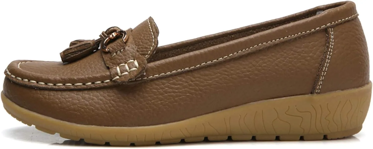 Women Loafers Leather Rubber Sole Slip On Walking Flats Casual Moccasin Boat Shoes