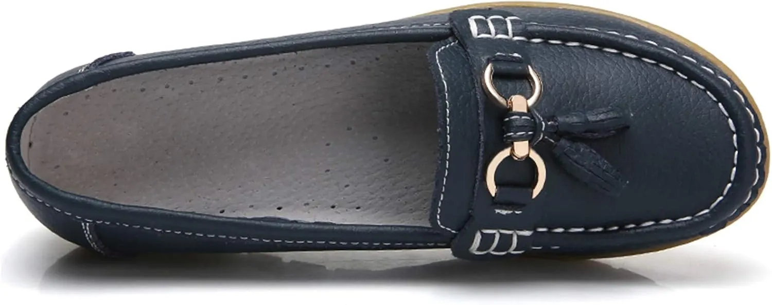Women Loafers Leather Rubber Sole Slip On Walking Flats Casual Moccasin Boat Shoes