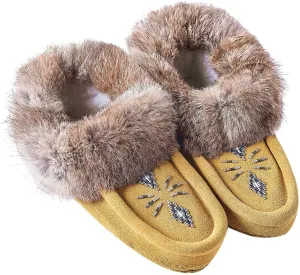 Women Moccasins Indoor Slippers of Soft Sole Fleece Lined Rabbit Fur Trim