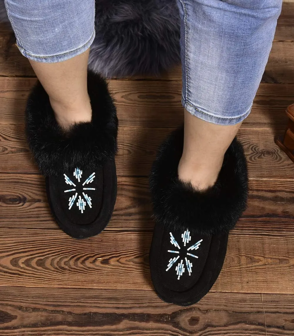 Women Moccasins Indoor Slippers of Soft Sole Fleece Lined Rabbit Fur Trim