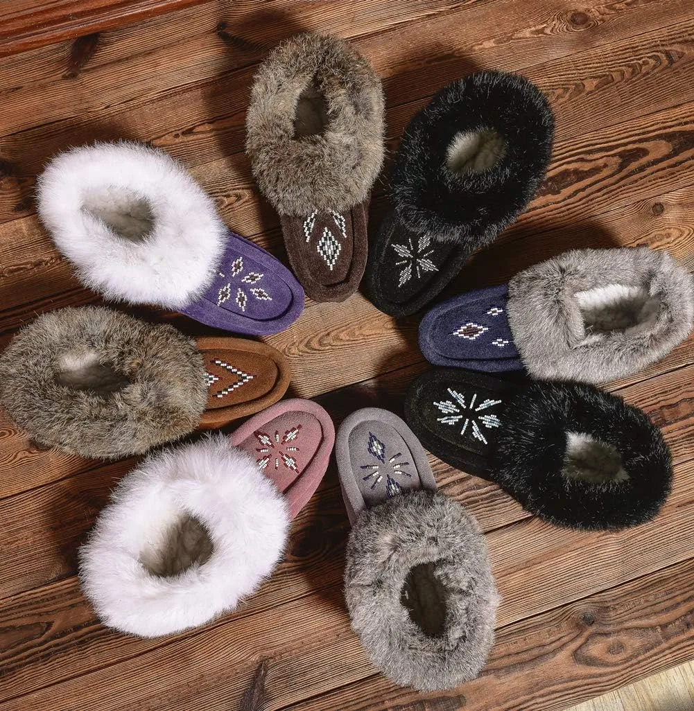 Women Moccasins Indoor Slippers of Soft Sole Fleece Lined Rabbit Fur Trim