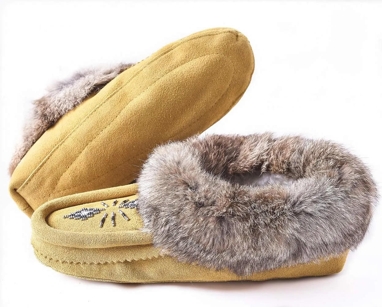 Women Moccasins Indoor Slippers of Soft Sole Fleece Lined Rabbit Fur Trim