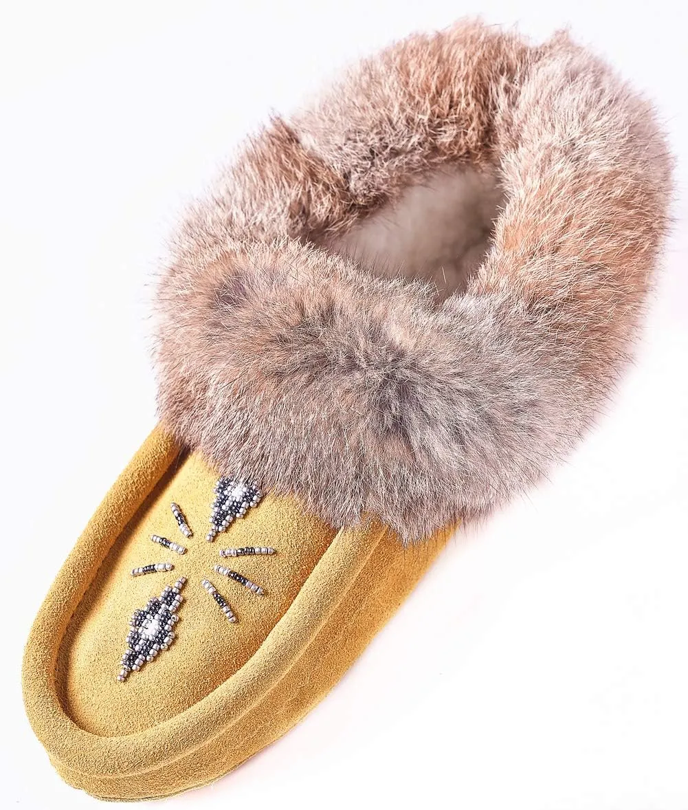 Women Moccasins Indoor Slippers of Soft Sole Fleece Lined Rabbit Fur Trim