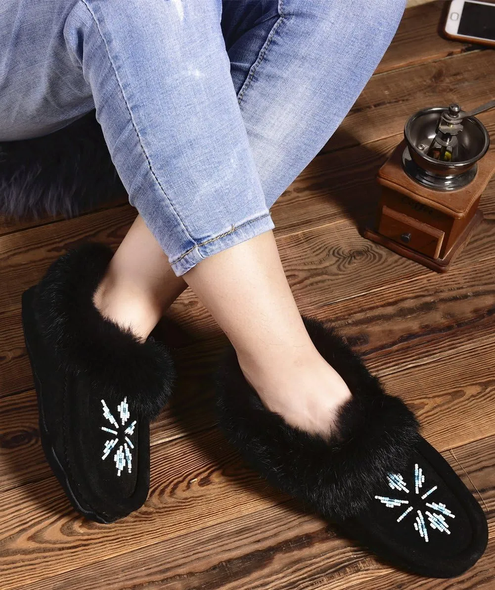 Women Moccasins Indoor Slippers of Soft Sole Fleece Lined Rabbit Fur Trim