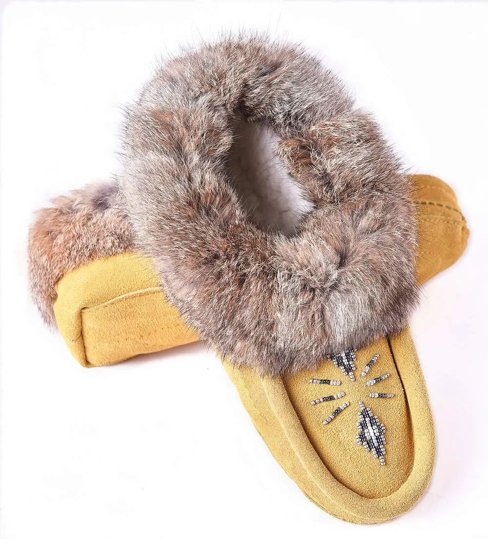 Women Moccasins Indoor Slippers of Soft Sole Fleece Lined Rabbit Fur Trim