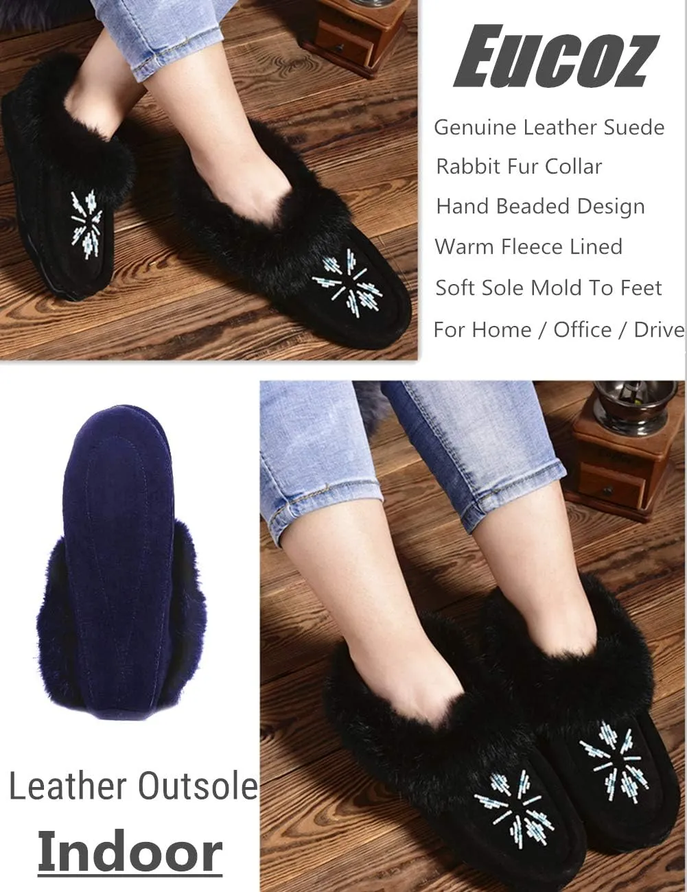 Women Moccasins Indoor Slippers of Soft Sole Fleece Lined Rabbit Fur Trim