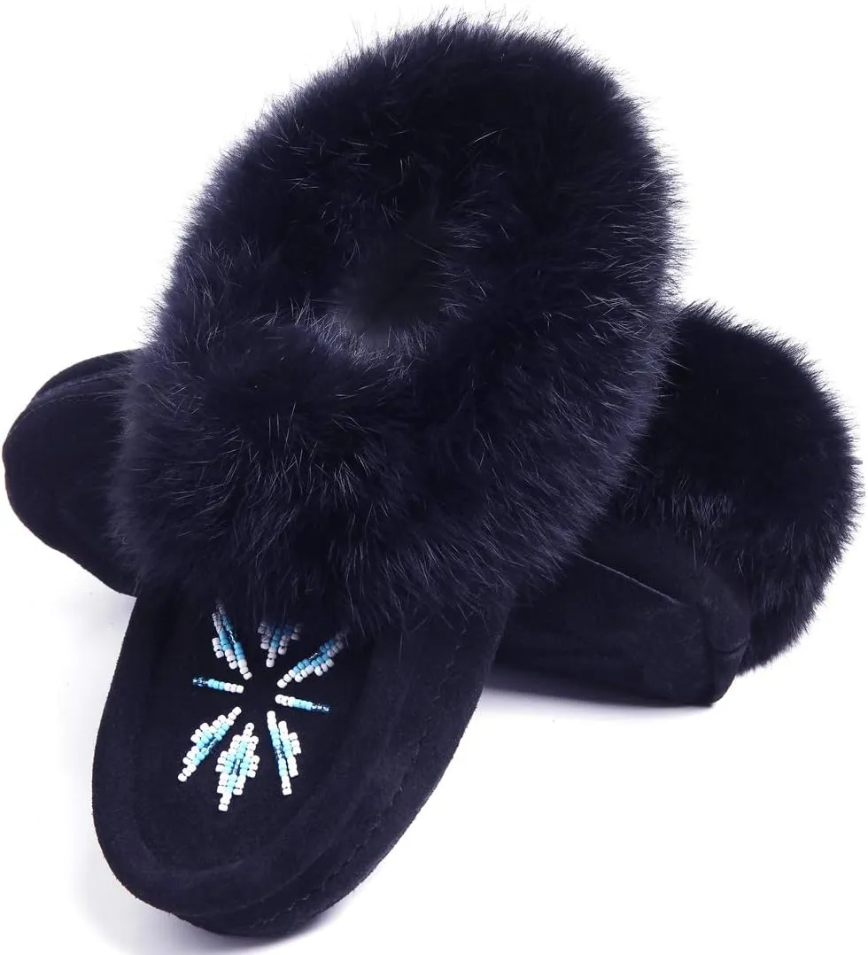 Women Moccasins Indoor Slippers of Soft Sole Fleece Lined Rabbit Fur Trim