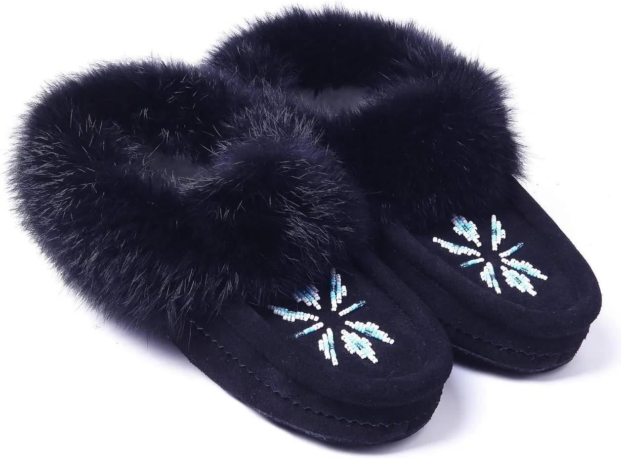 Women Moccasins Indoor Slippers of Soft Sole Fleece Lined Rabbit Fur Trim