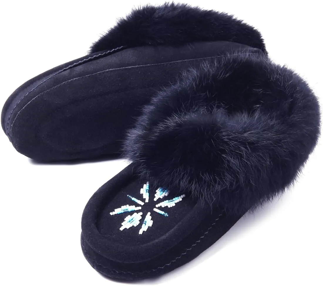 Women Moccasins Indoor Slippers of Soft Sole Fleece Lined Rabbit Fur Trim