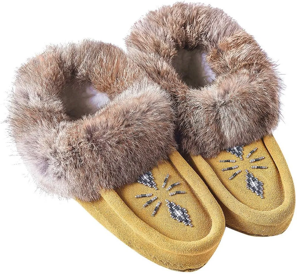 Women Moccasins Indoor Slippers of Soft Sole Fleece Lined Rabbit Fur Trim