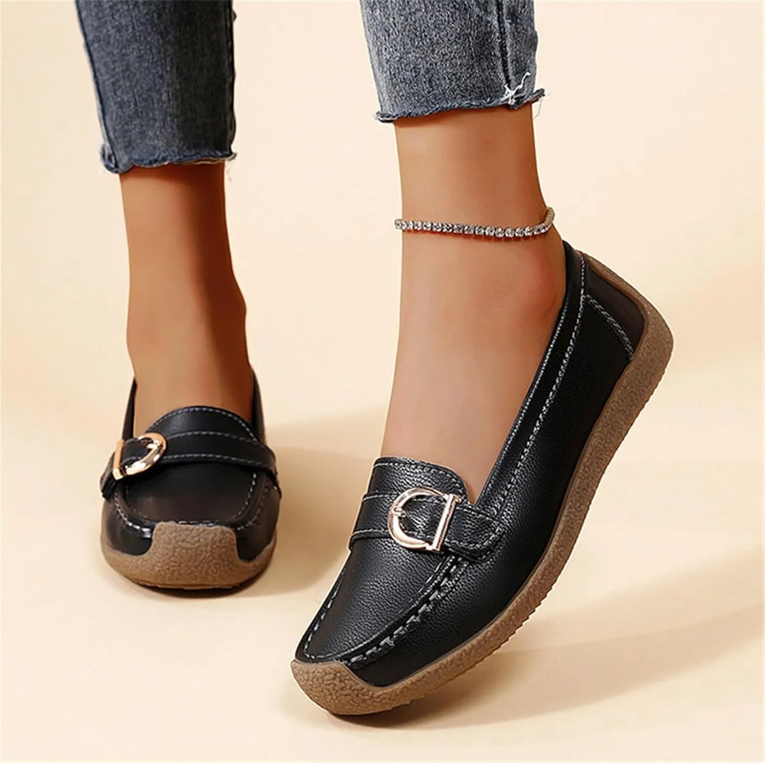 Womens Casual Non-Slip Slip-On Breathable Leather Walking Wedge Moccasin, Comfortable Soft Bottom Non Tiring Feet Nurse Working Loafers Shoes, for Medical Workers