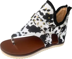 Women's Fashion Cow Print Sandals with Studded Strap Design Casual Thong Wrap Beach Flats Summer Comfy Walking Sandal