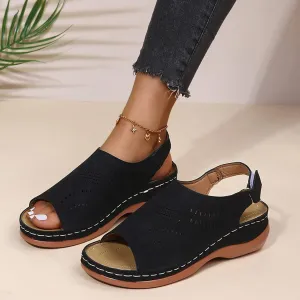 Women's Flat Sandals with Arch Support Summer Open Toe Slingback Ankle Strap Sandals Cutout Leather Sandals Comfort Casual Walking Shoes,Black,US12/EU43