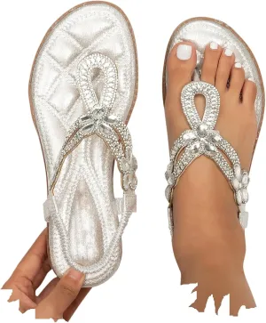 Womens Flats Sandals, Comfortable Bohemian Beaded Dressy Flat Sandal Casual Slip on Flats Shoes with Elastic Ankle Strap