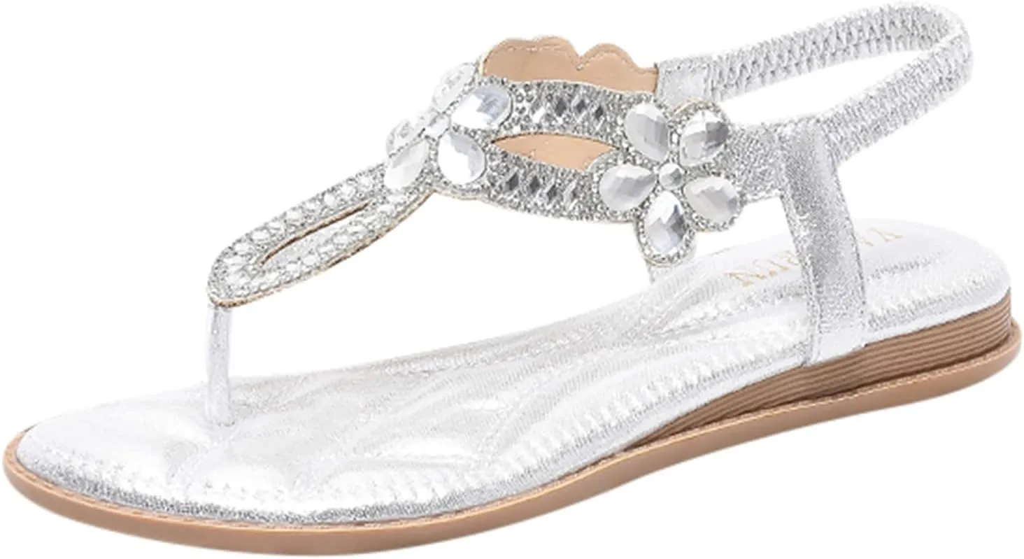 Womens Flats Sandals, Comfortable Bohemian Beaded Dressy Flat Sandal Casual Slip on Flats Shoes with Elastic Ankle Strap