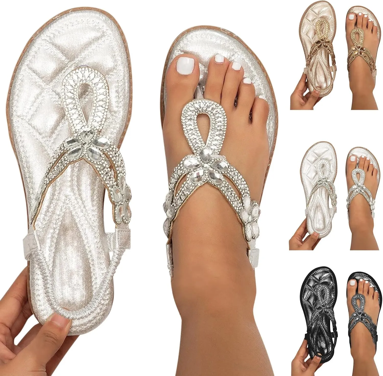 Womens Flats Sandals, Comfortable Bohemian Beaded Dressy Flat Sandal Casual Slip on Flats Shoes with Elastic Ankle Strap