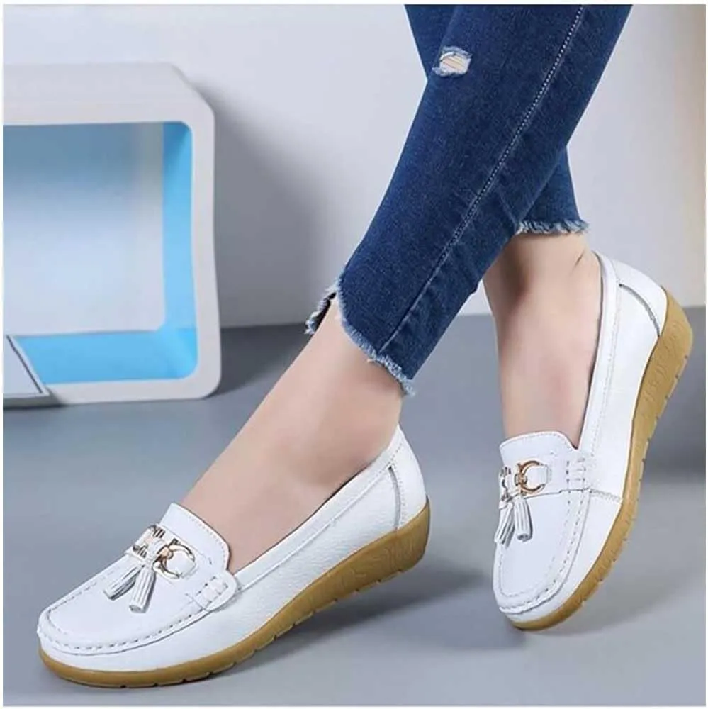 Women's Loafers Flat Metal Buckle Comfortable Lightweight Loafers Leather Slip-on Outdoor Driving Moccasion Boat Shoes for Women